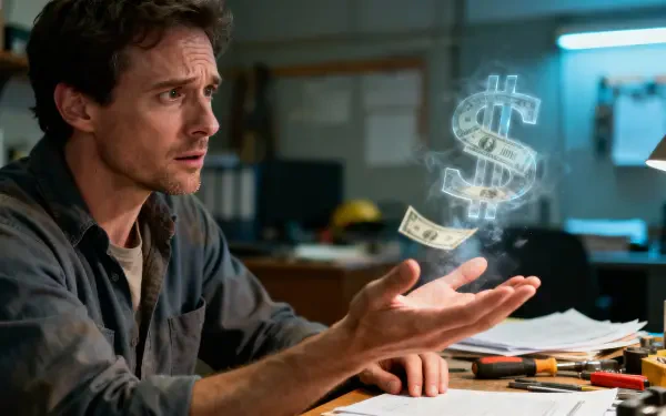 4K Ultra HD PC Desktop Wallpaper and Background: a man at a cluttered desk gestures toward a glowing holographic dollar sign with floating bills hovering above his open palm.