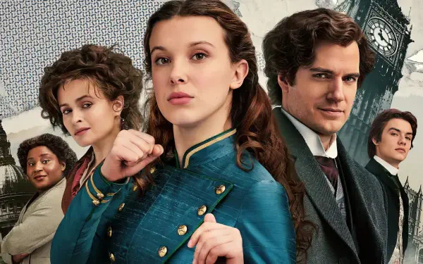 HD PC desktop wallpaper of Enola Holmes 3 movie poster, the lead actress in a teal coat stands front with supporting cast and Big Ben and London skyline in the background.