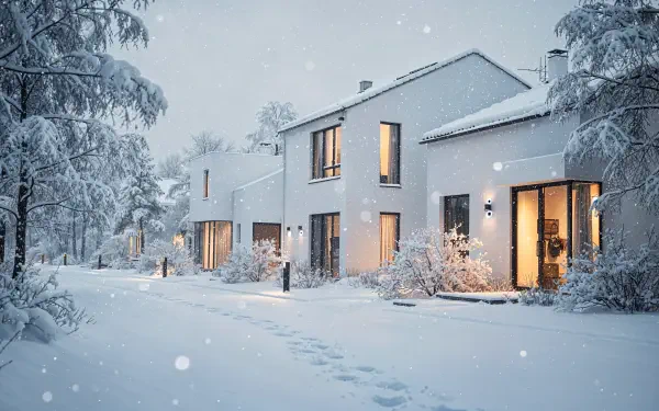 4K Ultra HD PC desktop wallpaper: aesthetic winter scene of modern houses lit warmly, falling snow and fresh footprints along a quiet snowy street.