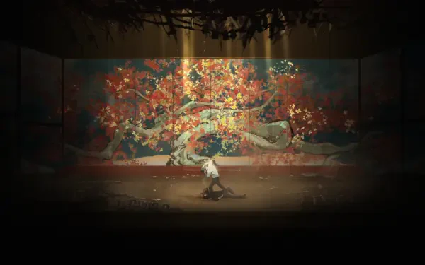 HD PC wallpaper of Jujutsu Kaisen — Yuta Okkotsu and Yuji Itadori on a dim stage before a glowing, ornate cherry‑blossom mural.