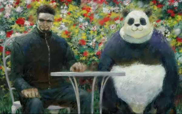 Anime Jujutsu Kaisen HD PC desktop wallpaper showing a serious man in dark clothes and a smiling panda seated at a small table against a vivid floral backdrop.