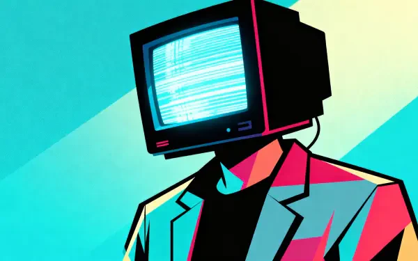 Sci-Fi 4K Ultra HD PC desktop wallpaper and background of a stylized figure in a colorful suit with a retro CRT TV head showing blue static against a teal and pale yellow geometric backdrop.