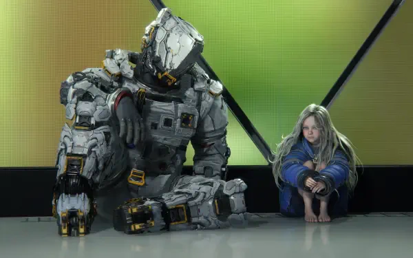 4K Ultra HD PC desktop wallpaper and background from the video game Pragmata: hulking armored mech seated beside a barefoot girl with long hair against a green-lit backdrop.