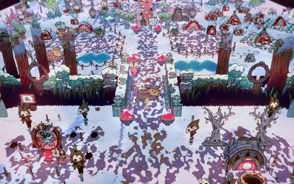 HD PC desktop wallpaper of Cult of the Lamb: Woolhaven — top-down snowy village with the Lamb and followers, shrines, wreaths, icy ponds, decorated trees and winding paths.