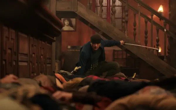 Roronoa Zoro from One Piece (Live Action) kneels amid defeated foes in a dim wooden stairwell, sword drawn — TV show 2K Quad HD PC desktop wallpaper/background.