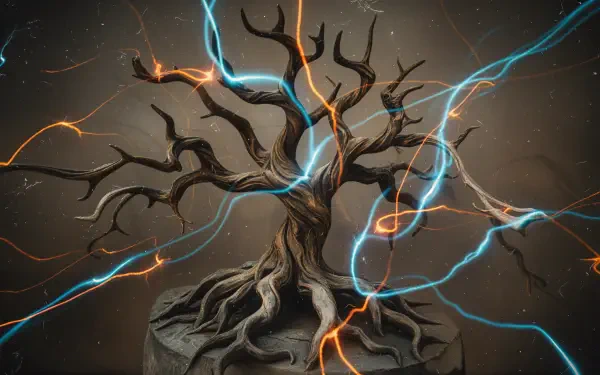 Gnarled, leafless bonsai-like tree on rocky pedestal with twisting roots, surrounded by blue and orange lightning energy streaks against a dark backdrop — 4K Ultra HD PC Desktop Wallpaper and Background.