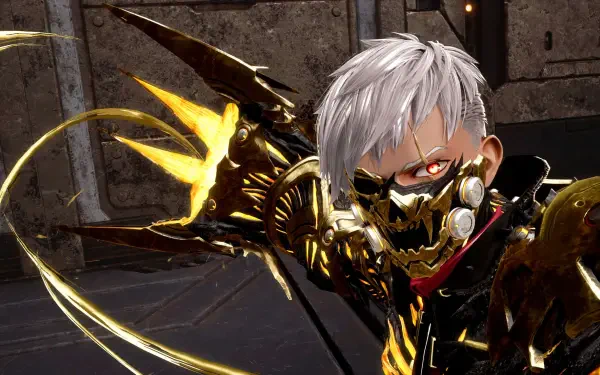 Silver-haired masked warrior from the video game Code Vein II in gold-black armor, swinging glowing blades — 4K Ultra HD PC desktop wallpaper and background.
