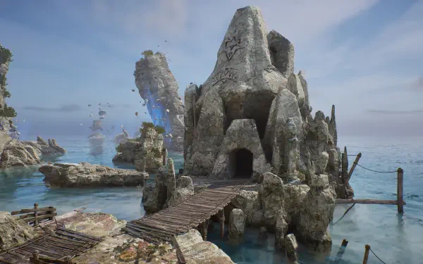 HD PC desktop wallpaper from the video game Solasta II — a skull-shaped cavern entrance in a rocky islet with weathered wooden piers and turquoise sea.
