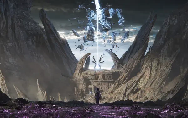 HD PC desktop wallpaper/background for the video game Solasta II: lone figure faces a ruined temple between cliffs as a magical beam shatters the sky over a purple-crystal valley.