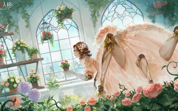 Identity V: Victorian-dressed woman amid roses in a sunlit greenhouse with arched stained-glass windows, flowing gown — 4K Ultra HD PC desktop wallpaper and background.
