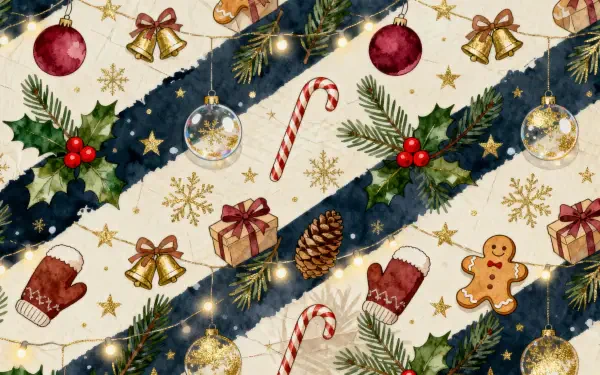 Festive holiday pattern of candy canes, glass baubles, pine sprigs, holly, mittens, pinecones, bells and gingerbread on diagonal stripes — 4K Ultra HD PC desktop wallpaper background.