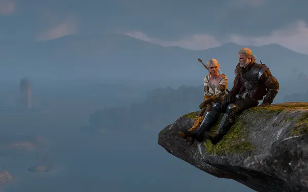 Geralt of Rivia from The Witcher 3: Wild Hunt sits on a mossy cliff with a companion, gazing over a misty sea — 2K Quad HD PC desktop wallpaper and background.