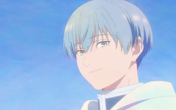 Himmel from Frieren: Beyond Journey's End, smiling with light blue hair against a bright blue sky — anime HD PC desktop wallpaper/background.