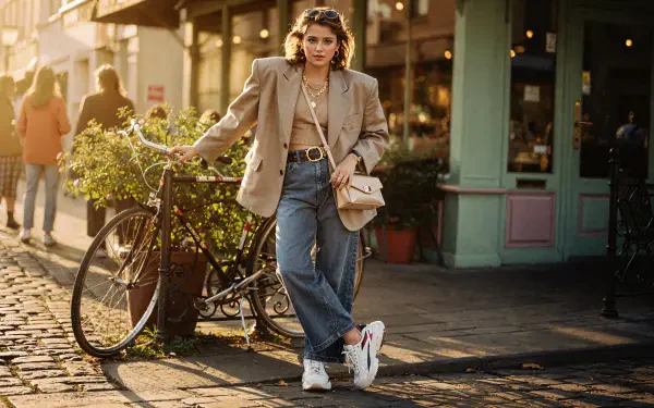 Young woman in trendy outfit leans on a bike outside a café at golden hour — 4K Ultra HD PC desktop wallpaper and background.