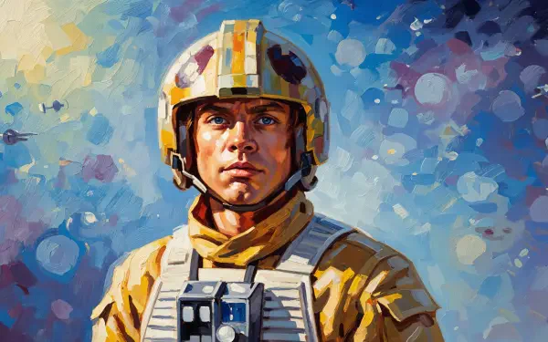 Painterly 4K Ultra HD PC desktop wallpaper of Luke Skywalker in X-wing pilot helmet and flight suit, colorful starfield brushstroke background.