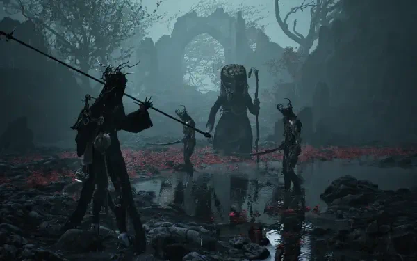 HD PC desktop wallpaper from the video game Mortal Shell II: cloaked warriors with spears circle a towering stone idol in a foggy, waterlogged ruin under a teal sky.