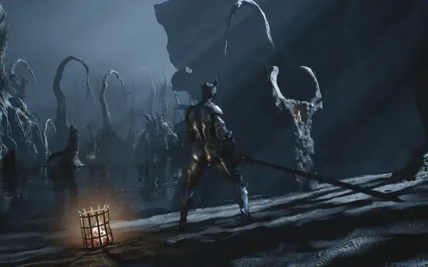 HD PC desktop wallpaper for the video game Mortal Shell II: armored warrior with sword faces skeletal, horned figures amid foggy ruins, a lantern casting dim light.