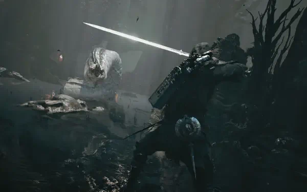 HD PC desktop wallpaper from the video game Mortal Shell II: an armored warrior raises a glowing greatsword against a pale spectral foe in a misty, swamp-like battlefield.