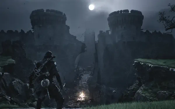 Video game HD PC wallpaper/background for Mortal Shell II: lone armored figure at a campfire under a full moon before a crumbling fortress, dark gaming atmosphere.