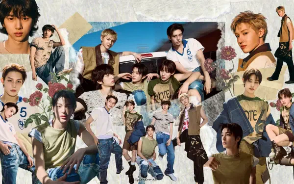 HD PC desktop wallpaper collage of K-pop boy band Cortis, featuring multiple members in casual poses with layered photos and floral accents.