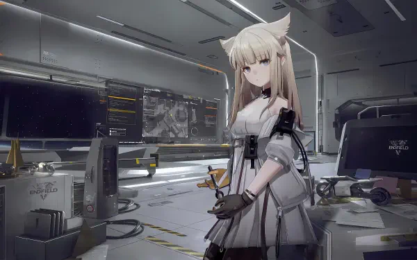 Arknights: Endfield 8K Ultra HD PC desktop wallpaper — cat-eared operator in white outfit stands in a high-tech command room with monitors and cables, soft lighting and muted palette.