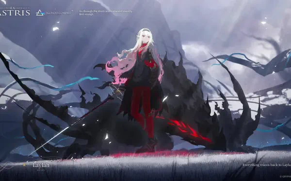 Ex Astris official 2K Quad HD PC desktop wallpaper: pale‑haired figure in a red cloak stands atop jagged black spires as dark tendrils and mist swirl beneath a stormy sky.