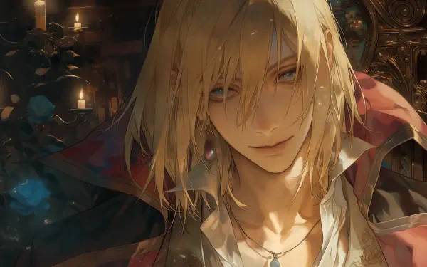 Howl from Howl's Moving Castle in Studio Ghibli–inspired AI anime art: golden-haired, half-smiling close-up with moody lighting — 2K Quad HD PC desktop wallpaper.