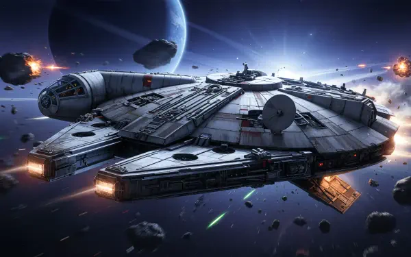 Millennium Falcon speeding through an asteroid field past a glowing planet, 4K Ultra HD PC desktop wallpaper and background.