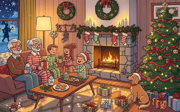 Family in matching pajamas by a roaring fireplace, Christmas tree, gifts and dog, snowy night — holiday spirit in 4K Ultra HD PC Desktop wallpaper background.