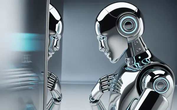 Chrome humanoid robot studies its reflection against a glossy panel, glowing blue circuits and a camera-like eye — 4K Ultra HD PC desktop wallpaper/background.
