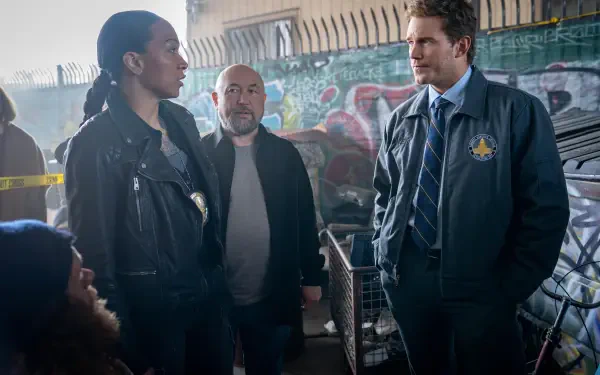 Movie Mercy (2026) still: three investigators in jackets talk in a graffiti-lined alley by police tape — 4K Ultra HD PC desktop wallpaper and background.