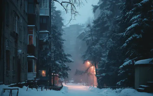 Aesthetic winter scene: snow-covered alley between pines and brick buildings at dusk, warm lamplight — 4K Ultra HD PC desktop wallpaper and background.