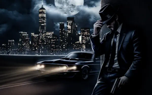 John Wick 5K Ultra HD PC desktop wallpaper/background: lone suited assassin tipping his hat beside a sleek car under a moonlit city skyline.