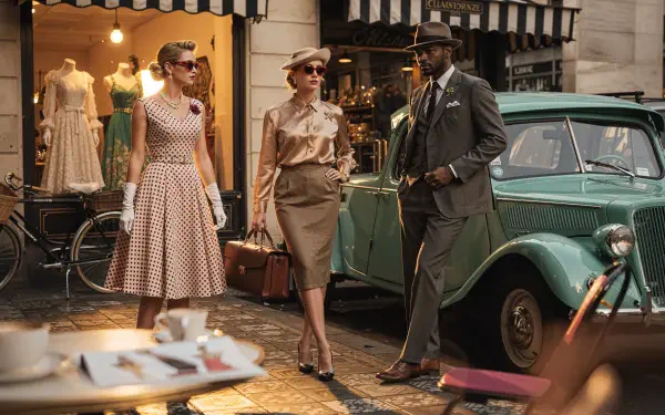 4K Ultra HD PC desktop wallpaper/background showing vintage fashion: two women in 1950s dresses and a man in a suit by a retro car outside a boutique.