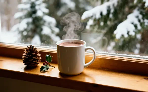 Minimalist holiday 4K Ultra HD PC desktop wallpaper/background — steaming mug on a wooden windowsill with pinecone, holly and snowy evergreens outside