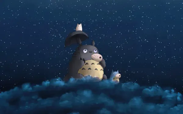 Studio Ghibli My Neighbor Totoro 4K wallpaper: Totoro and two smaller Totoros on a cloud under a starry night, one holding an umbrella, kawaii