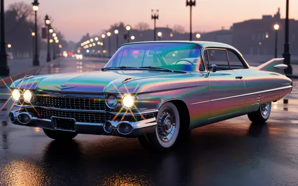 Classic Cadillac parked on a wet city street at dusk, glowing headlights and neon reflections — 4K Ultra HD PC desktop wallpaper and background.