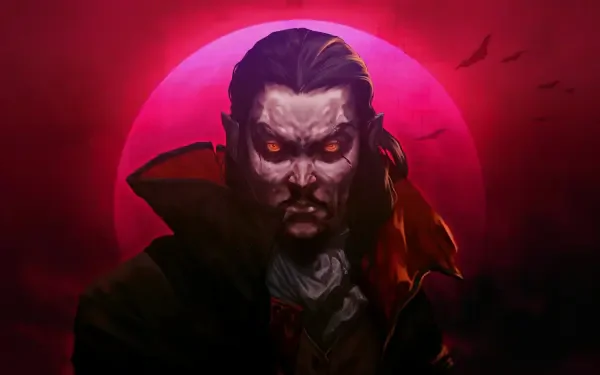 Brooding vampire with glowing red eyes against a blood-red moon — Vampire Survivors rogue-like gaming art, HD PC desktop wallpaper/background.