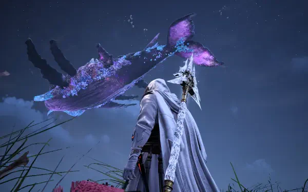 Throne and Liberty video game: robed figure gazes as a glowing, crystalline flying whale drifts over a moonlit field — 2K Quad HD PC desktop wallpaper/background.