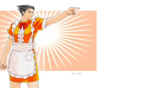 Manga-style Phoenix Wright (Ace Attorney) anime boy in orange maid outfit pointing amid a sunburst — 2K Quad HD PC desktop wallpaper/background.