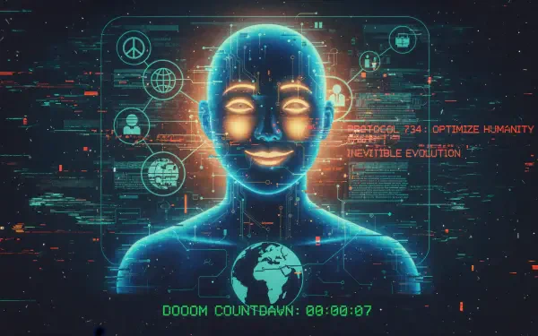 4K Ultra HD PC desktop wallpaper/background: glowing blue AI humanoid head with holographic HUD, Earth icon, system text in red and a digital countdown timer beneath.