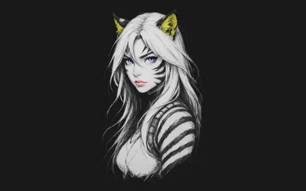 HD PC desktop wallpaper and background: stylized fox girl — white-haired woman with fox ears, blue eyes, and striped shoulder markings on a dark backdrop.