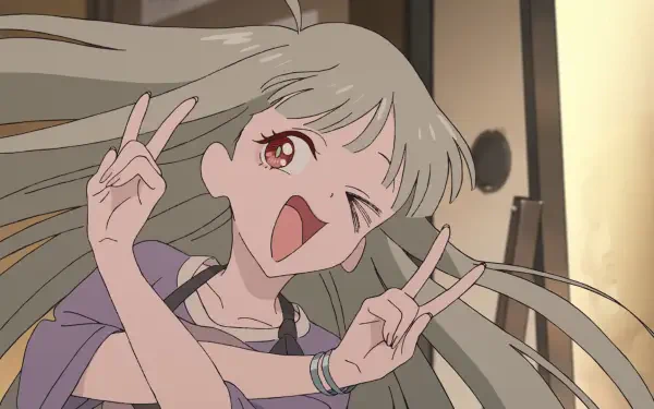 HD PC desktop wallpaper of Cosmic Princess Kaguya! — cheerful long-haired anime girl winking, flashing double peace signs with flowing hair in a warm interior scene.