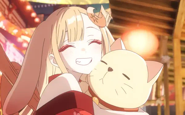 Anime HD PC desktop wallpaper of Cosmic Princess Kaguya! — cheerful blonde girl with eyes closed hugging a round cat plush under warm, glowing festival lights.