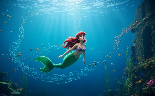 The Little Mermaid swims through sunlit blue waters among coral and fish — 4K Ultra HD PC desktop wallpaper/background.