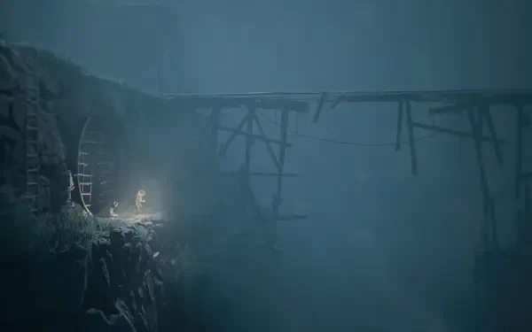 HD PC desktop wallpaper for horror game Reanimal: lone lantern-wielding figure on a rocky ledge beside a broken wooden bridge vanishing into thick fog and darkness.