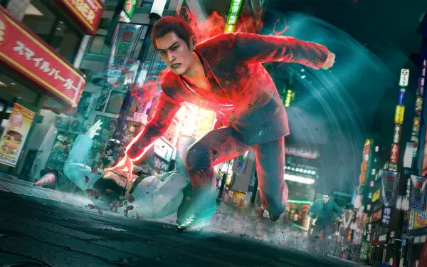 Video game HD PC desktop wallpaper — Yakuza Kiwami 3 & Dark Ties: red-imbued protagonist dashes through neon-lit Tokyo, leaving a swirling energy trail and cracked pavement.