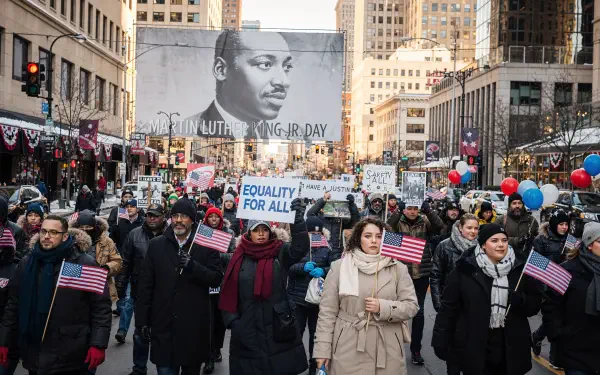 Crowd marching in a city for Martin Luther King Jr. Day, holding flags and signs before a large mural, 4K Ultra HD PC desktop wallpaper and background.