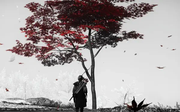 4K Ultra HD Action-Adventure Ghost of Tsushima PC desktop wallpaper/background: lone samurai beneath a crimson maple, fall leaves drifting across a stark monochrome landscape.