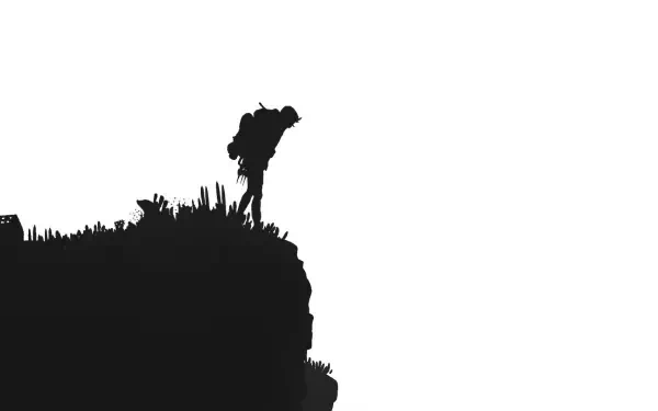 Black-and-white HD PC desktop wallpaper showing a silhouetted backpacker on a cliff edge leaning toward a small cairn — stark, video game–style scene.